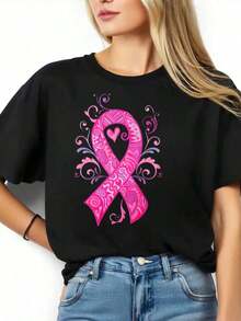 Camiseta con diseño de la cinta de concientización sobre el cáncer de mama para mujeres, para mostrar apoyo y solidaridad - Estilo callejero vintage, unisex, de algodón, manga corta, cuello redondo, 100% algodón. - Negro - Ver 3
