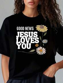 Camiseta cristiana para mujer 'Mensaje positivo: Jesús te ama' 'Diseño floral inspirador' 'Perfecta para el día a día o eventos religiosos' 'Disponible en tallas S, M, L, XL, en color negro' 'Moda espiritual' 'Estilo casual'. - Negro - Ver 1