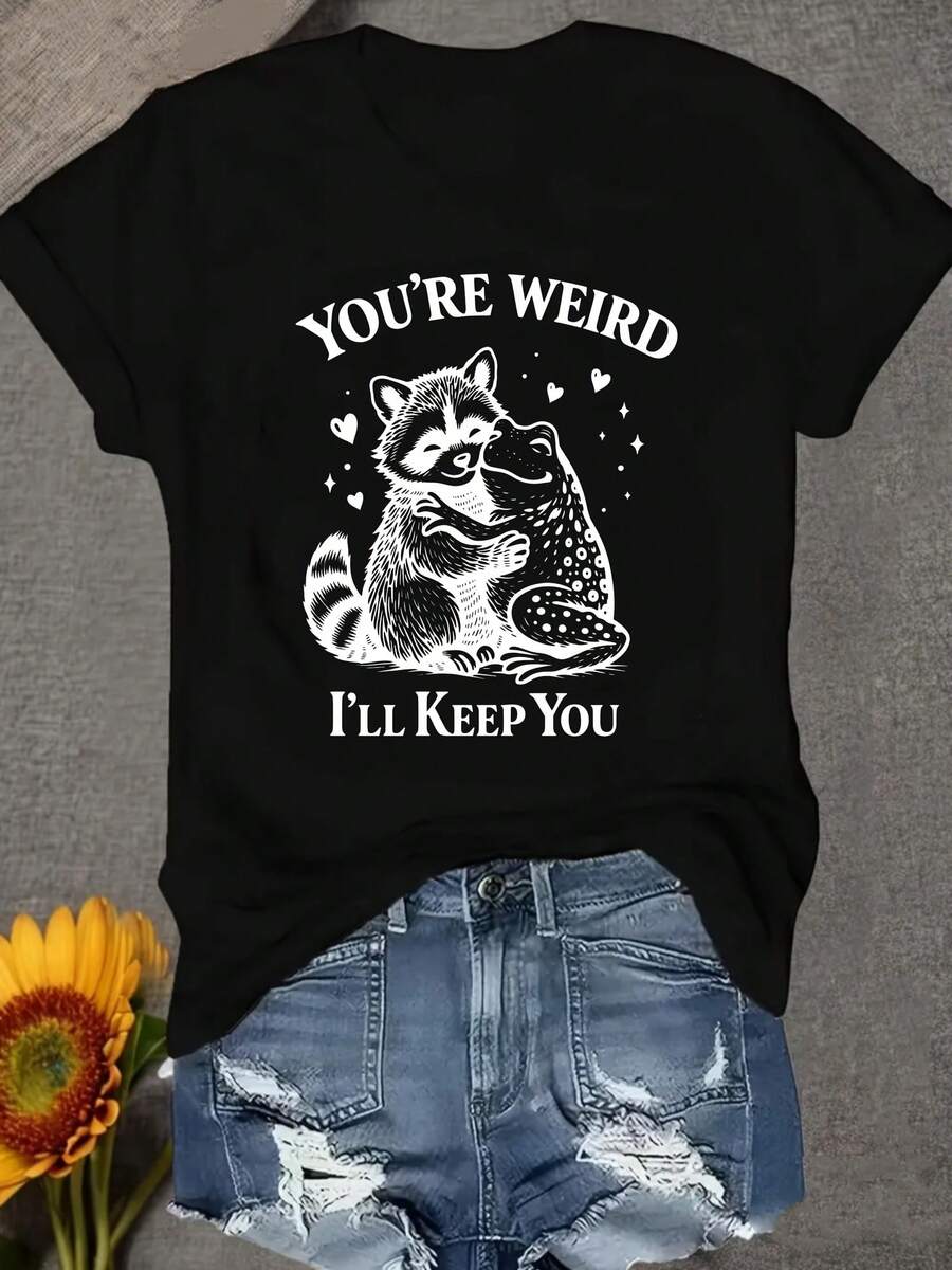 Una camiseta de manga corta para mujer, moderna, a la moda, retro, casual y holgada, adecuada para actividades al aire libre en primavera y verano.Raccoon Frog, eres tan raro, te me quedo.Camiseta casual de cuello redondo, cómoda y suave para mujer.blusas para mujer,blusas casuales para dama,tops,, mujer premium,y2k,playeras de mujer curvy,ofertas y liquidaciones ropa mujer,playeras deportivas para mujer,,playeras de hombre, mujer,blusas>elegante UUCV - Negro - Ver 1