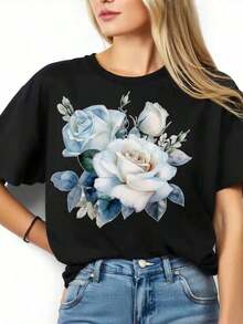 Camiseta de manga corta con cuello redondo y estampado floral de rosas para mujer, estilo casual de verano, camisa de moda con diseño elegante de flores, ajuste cómodo y holgado para uso diario, estilo vintage urbano, unisex, camiseta de algodón 100% con cuello redondo y manga corta. - Negro - Ver 3