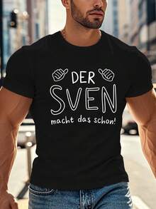 Camiseta gráfica de manga corta para hombre de talla grande "Der Sven macht das Schöne!" - Cuello redondo casual, ligera y transpirable, estilo veraniego, ropa transpirable | Diseño de texto juguetón | Ajuste cómodo, TALLA GRANDE - Negro - Ver 1