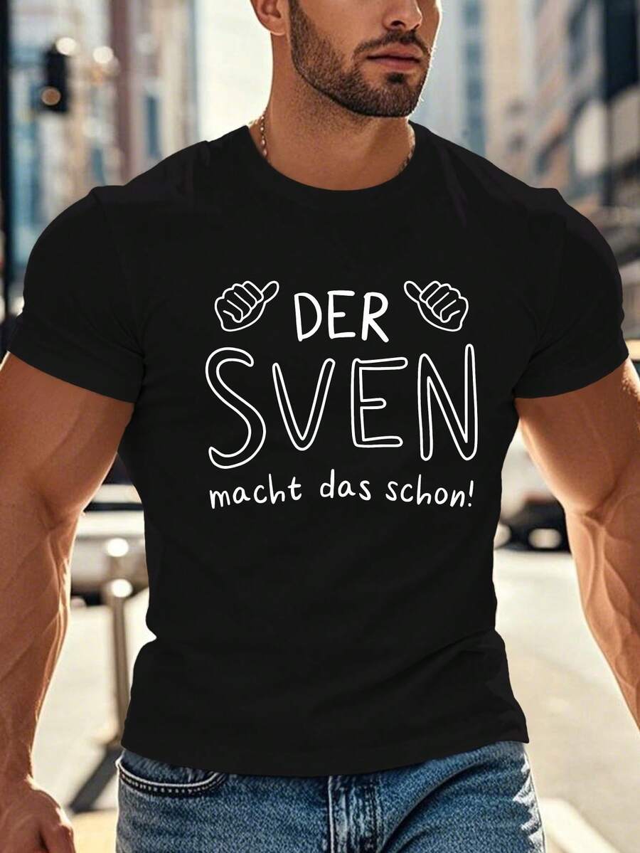 Camiseta gráfica de manga corta para hombre de talla grande "Der Sven macht das Schöne!" - Cuello redondo casual, ligera y transpirable, estilo veraniego, ropa transpirable | Diseño de texto juguetón | Ajuste cómodo, TALLA GRANDE - Negro - Ver 1