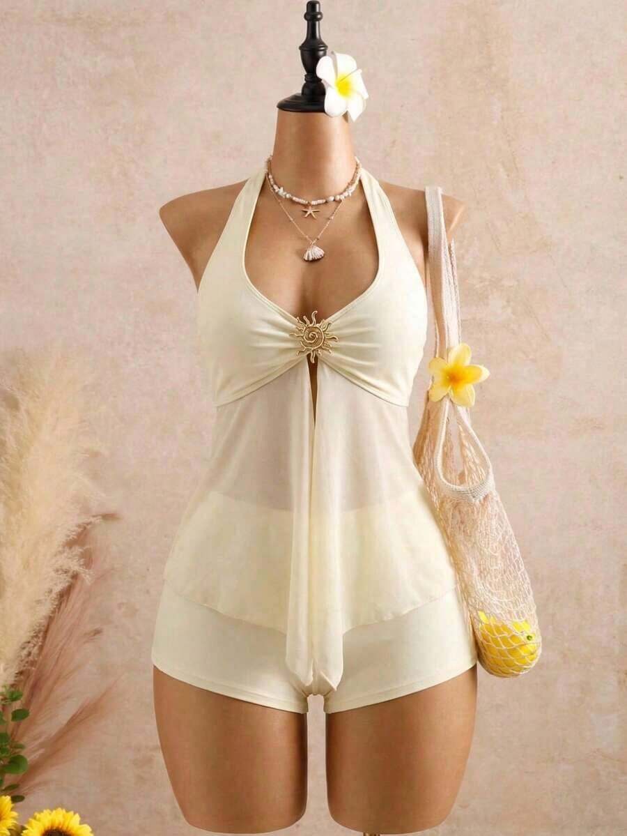Bellisia Conjunto de traje de baño de dos piezas para mujer con top tankini de cuello halter con lazo y decoración metálica de unicolor y Bottom de bikini triangular, adecuado para vacacione - Amarillo claro - Ver 1