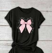 New Model: Women's Casual Short-Sleeved T-Shirt Set, 3 Pieces, Suitable For Streetwear. Oversized Round Neck Top For Daily Outings, Camping, Concerts, Hip-Hop, Rock, And Rap Events. Pink Bow Print, Round Neck, 100% Cotton, Breathable, Casual Sports Top, Holiday Gift. - 黑色 - 查看 2