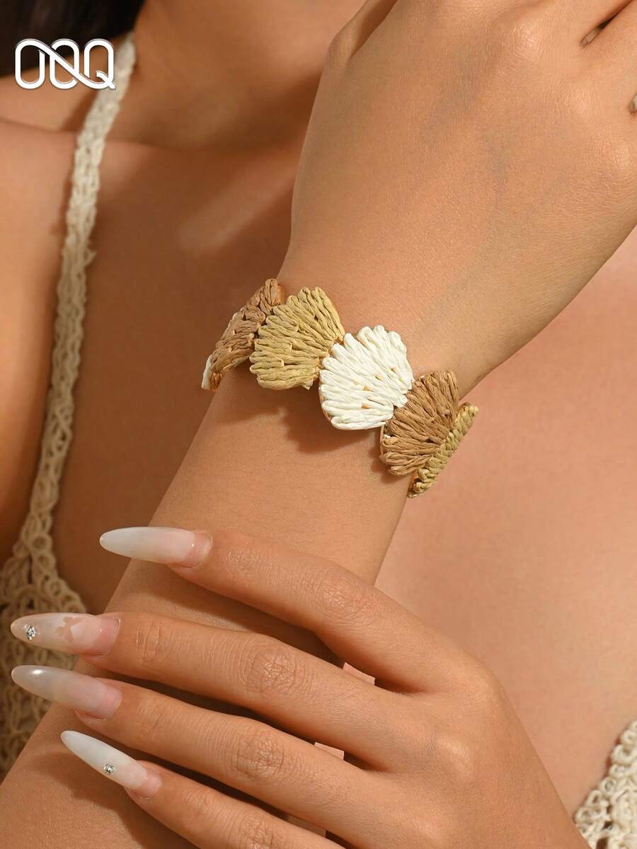 OOQ 1pc Summer Vacation Ocean Life Seashell Shaped Metal Bangle, Adjustable Open Design Versatile Bracelet For Women, Beach Party Gift For Friends And Family (Handmade Raffia Weaving, Random Shape) - Medium Brown - View 1