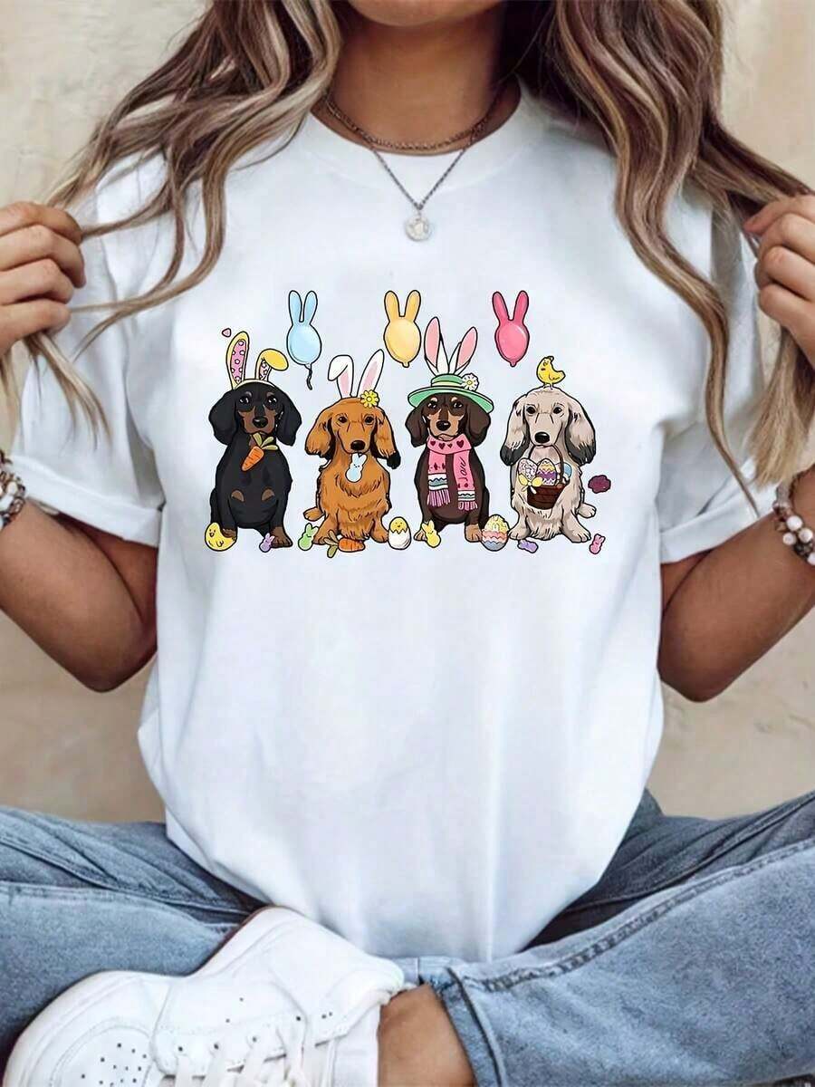 Under The Radar Women's Oversized Casual Cotton T-Shirt With Dog Print, Rabbit Ears, Dog Paws, Toy And Flowers, Soft And Breathable, Crew Neck, Suitable For Daily Wear, 220g. - Unisex Loose Fit Cotton Short Sleeve Crew Neck T-Shirt, Vintage Urban Style - 白色 - 查看 1