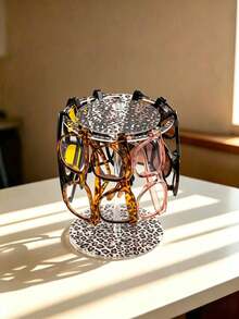 1pc Leopard Print Acrylic Fashion Glasses Display Stand, High-Quality 360° Rotatable Round Holder, Transparent Desktop Eyeglasses Storage Rack - Leopard - View 3