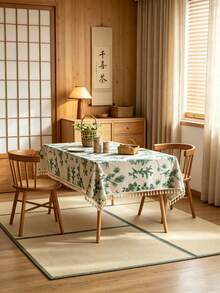 1pc Green Plant Pattern Tablecloth - Green Plant Pattern, Tassel Trim, Rectangular Design. Suitable For Spring/Summer Home Refresh, Easter Gatherings, Kitchen/Dining Room Decor And Casual Family Dining. Outdoor Movie Night, Indoor Table Decor, Party Tablecloth Setup, Patio Leisure, Garden Gatherings, Holiday Dinners And Casual Activities - Green a - View 2