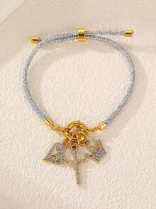 1 pièce/2 pièces Ensemble de bracelets tressés avec couronne en forme de cœur ornée de strass or et argent, convient pour la décoration quotidienne - Multicolore - Voir 7