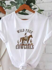 Camiseta de Manga Corta de Algodón Puro para Mujer, Cuello Redondo, Primavera Verano, Estilo Vaquero Occidental WILD FREE COWGIRLS, Estampado de Texto de Equitación, Declaración de Libertad - Blanco - Ver 1