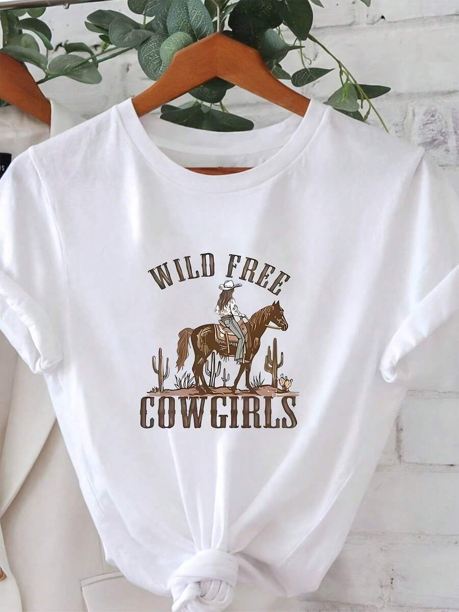 Camiseta de Manga Corta de Algodón Puro para Mujer, Cuello Redondo, Primavera Verano, Estilo Vaquero Occidental WILD FREE COWGIRLS, Estampado de Texto de Equitación, Declaración de Libertad - Blanco - Ver 1
