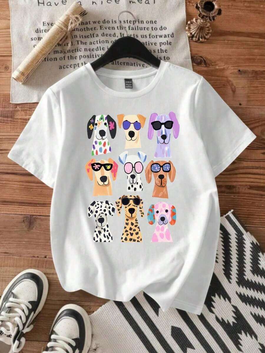 CHOPIS Camiseta Dama cuello redondo manga corta playera mujer blusa gráfica moda chopis suave casual diseño de PERROS COLORESPure-Cotton - Blanco - Ver 1