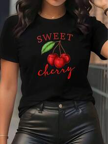 Camiseta Casual para Mujer con Estampado de Cerezas Dulces - Manga Corta y Cuello Redondo |   Adecuada para uso casual, camiseta con estampado de frutas lavable a máquina, estilo maduro ideal para uso diario y combinaciones de capas, un artículo imprescindible en el armario en todas las estaciones. Para mujeres. - Negro - Ver 7