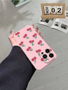 1pc Fashionable TPU Material Cherry Pattern Pink Straight Edge Shockproof Lens Protective Phone Case, Suitable For Both Men And Women, Ideal Choice For Fashion Enthusiasts, Minimalist And Stylish Design Compatible With IPhone 17, Poco, And More - Pink - View 5