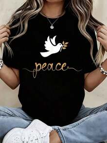 Camiseta con Estampado de Paloma de la Paz, Ropa Casual para Uso Diario y Actividades Deportivas - Estilo Urbano Vintage, Unisex, de Algodón, Manga Corta, Cuello Redondo, 100% Algodón - Negro - Ver 3