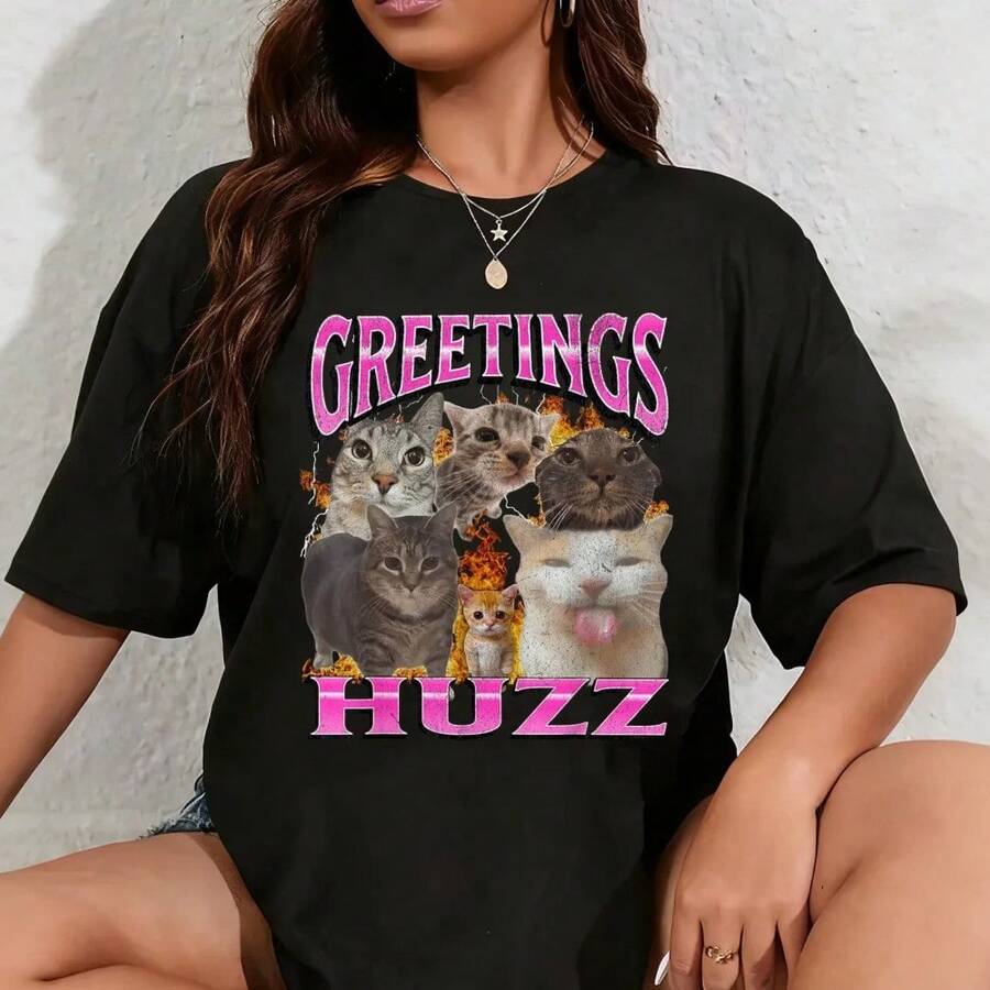 Camiseta 100% Algodón con Estampado Gráfico Divertido de Gato, Estilo Bootleg, para Hombre y Mujer - Negro - Ver 1