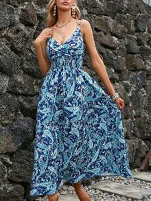 Vestido tirantes estampado escote en V cintura marcada estilo europeo - Azul - Ver 5