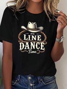 Camiseta de manga corta para mujer, con diseño de baile en línea de estilo country, cuello redondo, estilo casual, combinada con un sombrero de vaquero y estampado de la letra R. Tiene una elasticidad media y un diseño occidental, lo que lo hace muy adecuado para la primavera y el verano. blusas para mujer - Negro - Ver 7