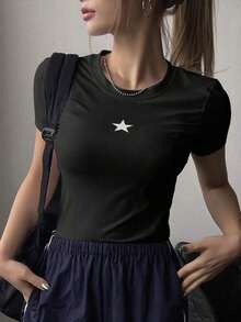New Seasonal Products Funny T-Shirts Minimalist Limited Time Offer Women's Letter Basic T-Shirts For Women Women's Star Print Short Sleeve T-Shirt Y2K IWVL Style - 黑色 - 查看 5