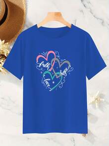 Camiseta de talla grande para mujer - Camiseta con estampado de corazón, letras de fe, amor y esperanza, manga corta, cuello redondo, estilo casual, top elegante y romántico, a la moda para ir al trabajo, vacaciones y uso diario, material opaco, lavable a máquina. CQ7P - Azul - Ver 2