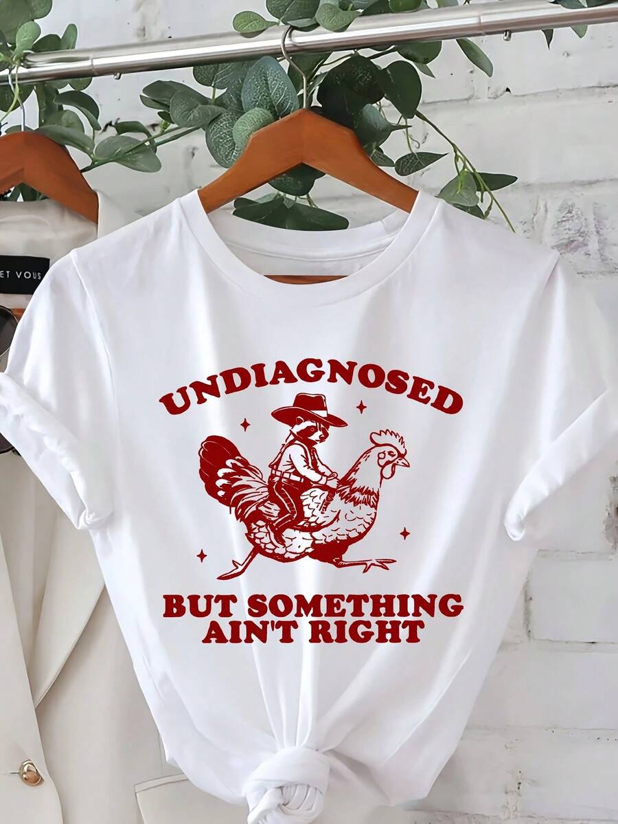 Women's T-Shirts With "Undiagnosed But Something Ain't Right" Print - Casual Crew Neck, Short Sleeves, White Design With Red Rooster And Stars, Perfect For Spring And Summer, Casual Summer Wear. | Fun Design T-Shirt | Comfortable Fit Casual Blouses For Women - 白色 - 查看 1