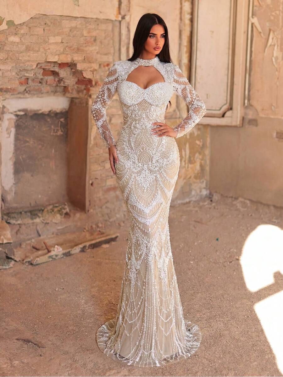 Faeriesty Robe de soirée élégante pour femme à manches longues et coupe sirène, avec perles et sequins, col montant, pour soirée