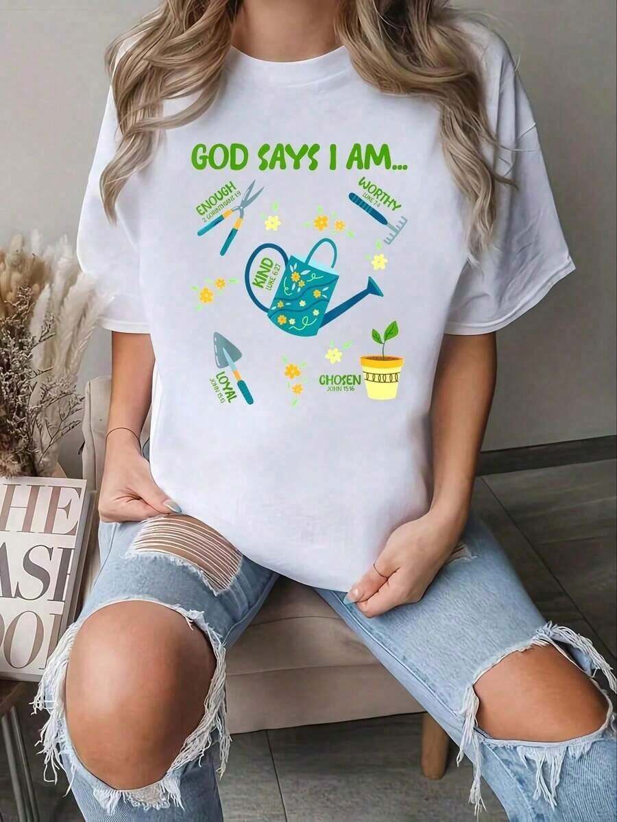 Camisetas Gráficas para Mujer, Camiseta con Estampado de Jardín, Algodón Transpirable, Para las Cuatro Estaciones, Ropa de Verano para Mujer, Camiseta Oversize, Camisa Elegante Adecuada para Fiestas. - Blanco - Ver 1