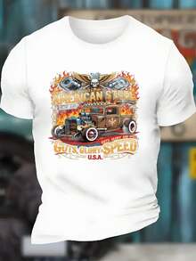 Camiseta Vintage de Hombre con Diseño de Coches Modificados - Diseño retro que presenta coches musculosos de los años 60 y vehículos modificados, con patrones de calaveras y llamas, el eslogan "Guts Glory Speed U.S.A.", modelos de coches clásicos de 1969-1979, camiseta casual de manga corta con cuello redondo, adecuada para entusiastas de las motocicletas, aficionados a los coches y amantes de los automóviles. - Blanco - Ver 1