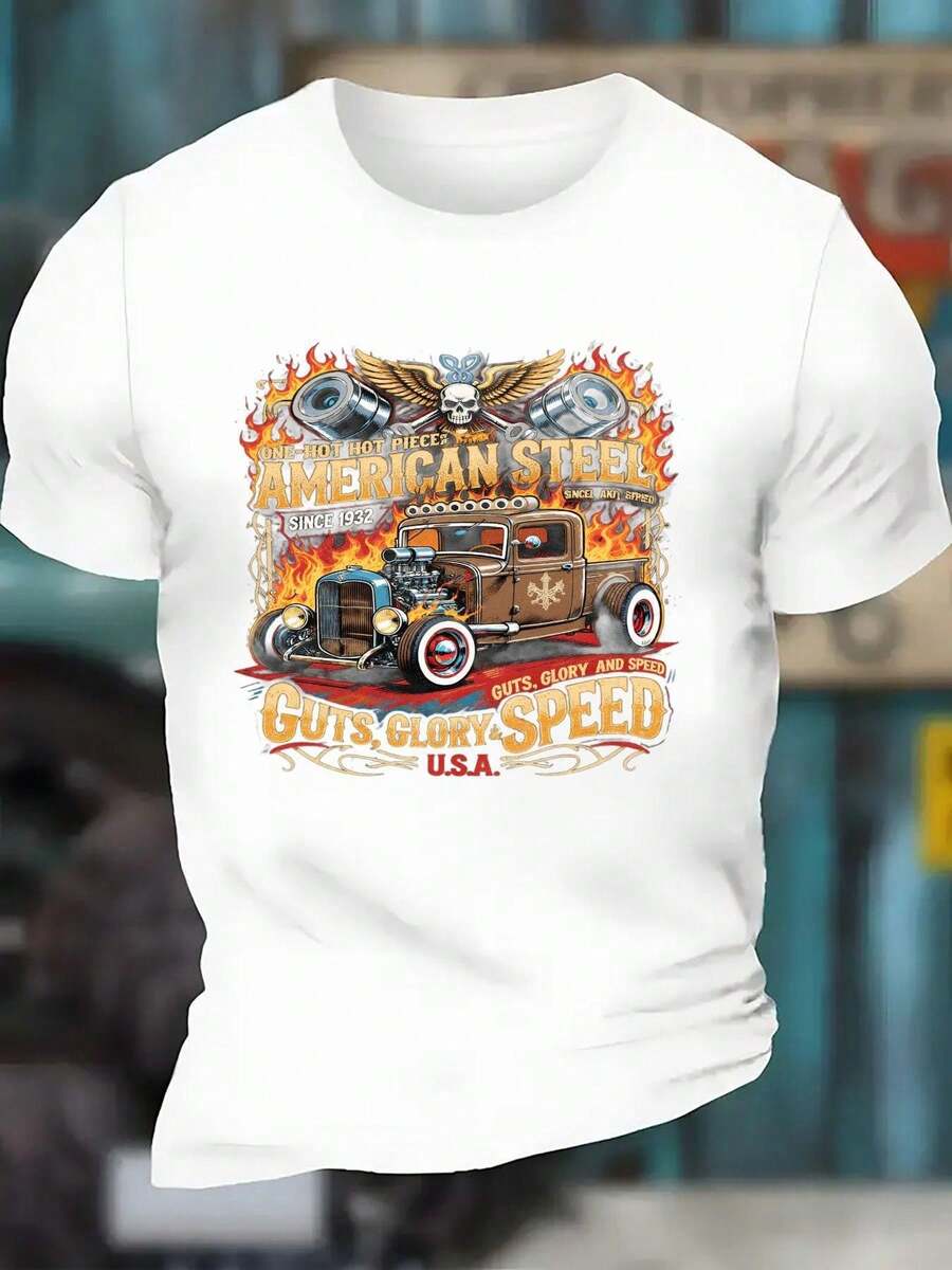 Camiseta Vintage de Hombre con Diseño de Coches Modificados - Diseño retro que presenta coches musculosos de los años 60 y vehículos modificados, con patrones de calaveras y llamas, el eslogan "Guts Glory Speed U.S.A.", modelos de coches clásicos de 1969-1979, camiseta casual de manga corta con cuello redondo, adecuada para entusiastas de las motocicletas, aficionados a los coches y amantes de los automóviles. - Blanco - Ver 1