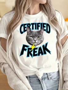 Camisetas para Mujer y Hombre con Cuello Redondo y Mangas Cortas, Camiseta Gráfica Certificada de Freak Cat, Top Casual Negro para Mujer con Diseño de Rayo, Camiseta Divertida para Amantes de los Gatos. Los Estampados Divertidos son Adecuados para Fiestas de Navidad, Actividades Deportivas, Fiestas de Vacaciones, Salidas, Deportes y Otros Regalos Festivos. - Blanco - Ver 4