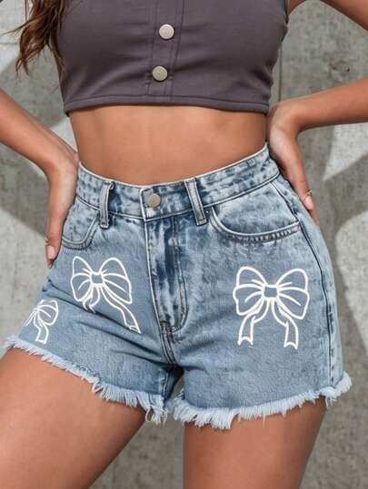 1pc Girls' Outdoor Casual Cute Bowknot Distressed Retro Soft Girl Vintage Sweet Cool Denim Shorts, Snug Fit, Versatile, Leg Lengthening, Summer