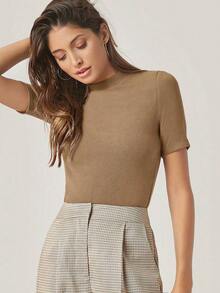 BASICS Top tejido de canalé de cuello alto - Caqui - Ver 1