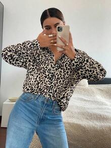 Camisa de mujer de manga larga con hombros caídos y estampado de leopardo de una sola de botones, elegante, para otoño, de moda, para festivales, casual de negocios, blusas de mujer - Multicolor - Ver 5
