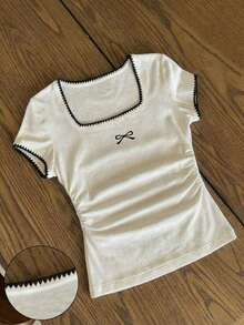 Camiseta de manga corta con pliegues y rayas, casual de verano para mujer - Blanco - Ver 5