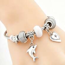 1 pièce Bracelet en acier inoxydable style bohème avec breloques cœur, étoile, dauphin et visage souriant, perles de vie marine en cristal blanc, taille unique, convient pour un bijou thème plage décontracté, cadeau - Océan - Voir 4