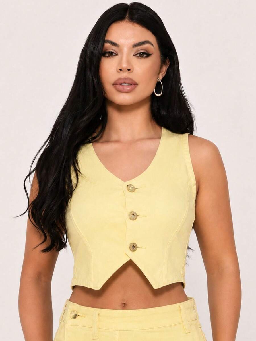 Denim Blazer Vest With Tank Top And Lycra - Yellow - View 1