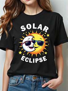 Camiseta con Patrón de Doble Eclipse, Camiseta Negra Casual de Manga Corta, Diseño de Sol y Luna, Corte Regular, Lavable aáquina, Adecuada para Primavera, Verano y Otoño - Camiseta Unisex de Estilo Urbano Vintage, de Algodón, Manga Corta y Cuello Redondo - Negro - Ver 1