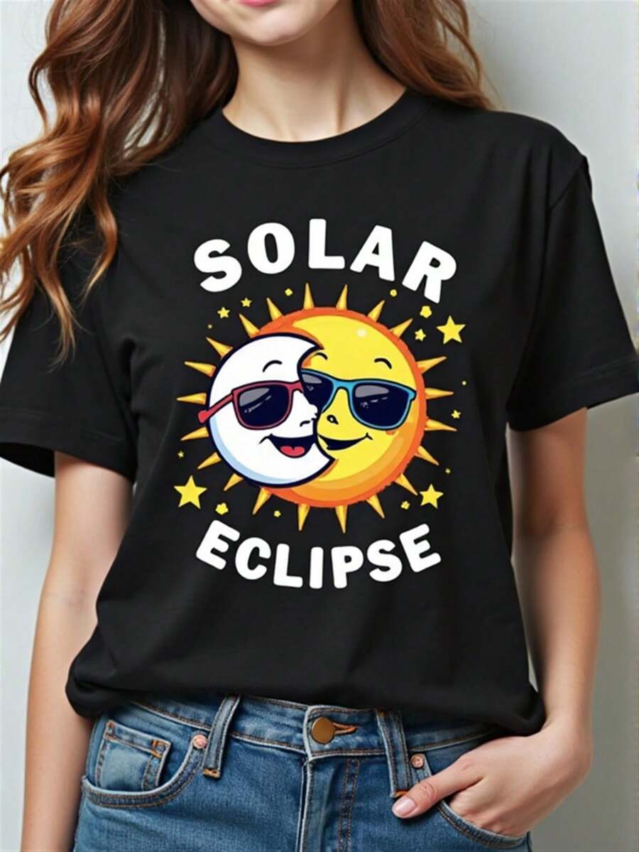 Camiseta con Patrón de Doble Eclipse, Camiseta Negra Casual de Manga Corta, Diseño de Sol y Luna, Corte Regular, Lavable aáquina, Adecuada para Primavera, Verano y Otoño - Camiseta Unisex de Estilo Urbano Vintage, de Algodón, Manga Corta y Cuello Redondo - Negro - Ver 1