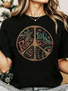 Diversión Impreso Redondo Cuello Corto Con mangas Mujeres Camiseta Paz Amor Y Armonía Boho Estilo Gráfico Camiseta Para Mujeres Informal Superior Con Paz Símbolo Diseño Vintage Inspirado Moda Declaración Camisa Adecuado Para Vacaciones Festivales y eventos deportivos Y Otros Vacaciones Regalos-Vintage Calle Estilo Unisexo Suelto Algodón Corto Manga Tripulación Cuello Camiseta para mujer, ropa fresca de verano - Negro - Ver 5