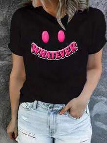1 Pieza De Mujeres Rosa Cara Patrón Camiseta Blanco, Redondo Cuello, Informal Estilo, Adecuado Para Diario Desgaste, Cumpleaños, Pascua Regalos, O Como A Conmemorativo Camisa Para Amigos O Amado Uno - Vintage Calle Estilo Unisexo Suelto Algodón Corto Manga Tripulación Cuello Camiseta para mujer, ropa fresca de verano - Negro - Ver 5