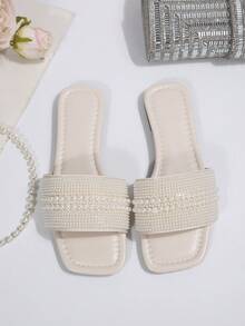 New Arrival Plus Size Luxury Anti-Slip Square Toe Mule Slippers With Rhinestone & Pearl Decor, Fashionable & Versatile For Beach & Resort Wear - Beige - View 8