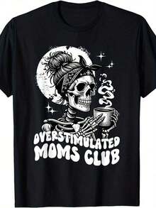 Club de Mamás Súper Estimuladas con Esqueleto Bebiendo Café - Camisa Floral Casual de Oficina para Mujer - Elegante de Manga Corta, Ideal para Viajes Diarios - Negro - Ver 2