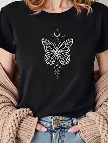 Talla Grande - Camiseta de Talla Grande con Estampado de Líneas de Mariposas, Camiseta de Manga Corta con Cuello Redondo - Lavable a Máquina, Estilo Casual, Ajuste Cómodo, Diseño Moderno, Versátil para Uso Diario, Tela Suave Adecuada para primavera, verano y otoño - Negro - Ver 7