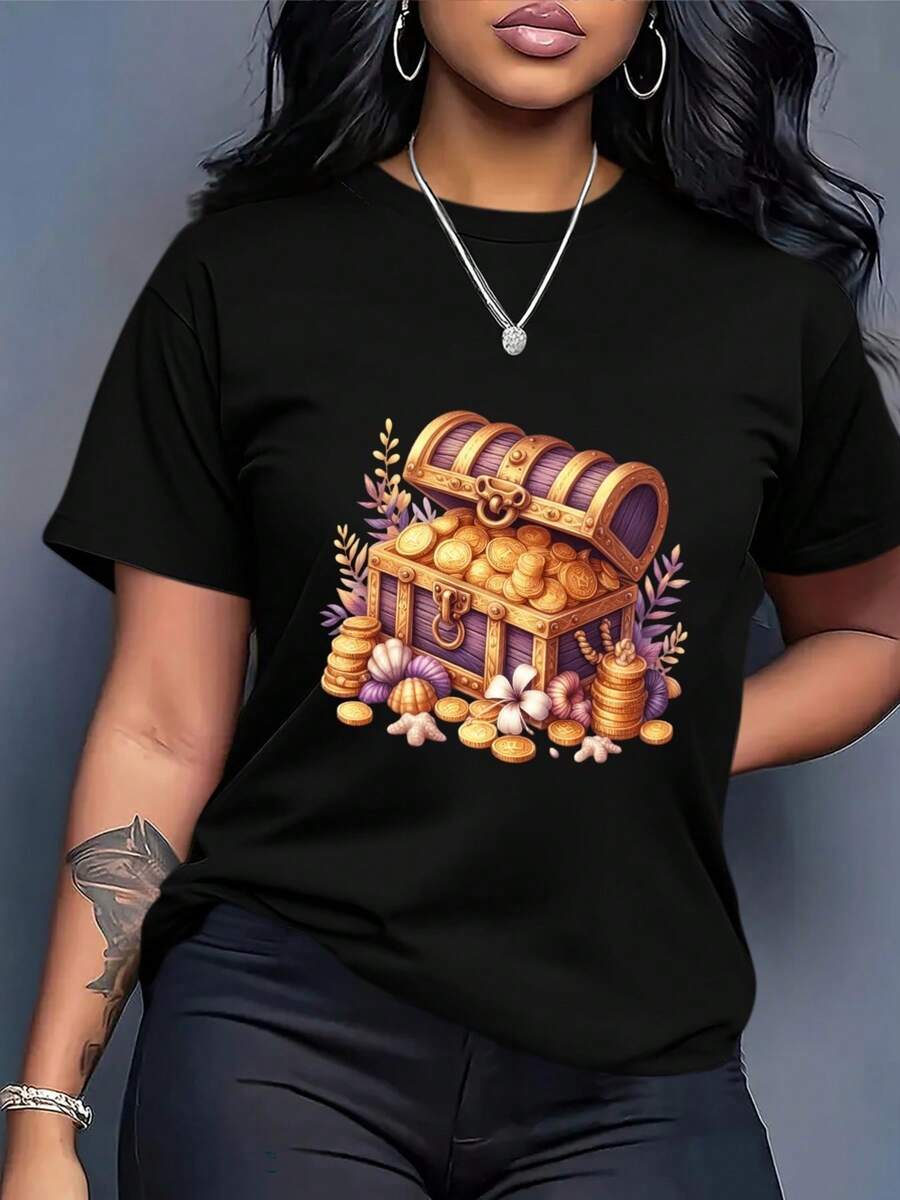 Camiseta Blanca Holgada de Talla para Mujer - Estampado de Monedas del Tesoro Pirata, Top Casual para, Transpirable, de Manga Corta para Verano, Lavable aáquina, Adecuada para Eventos Temáticos Piratas y Estilo Relajado de Fin de Semana - Camiseta Vintage de Estilo Urbano Unisex de Algodón, Manga Corta y Cuello Redondo - Negro - Ver 1