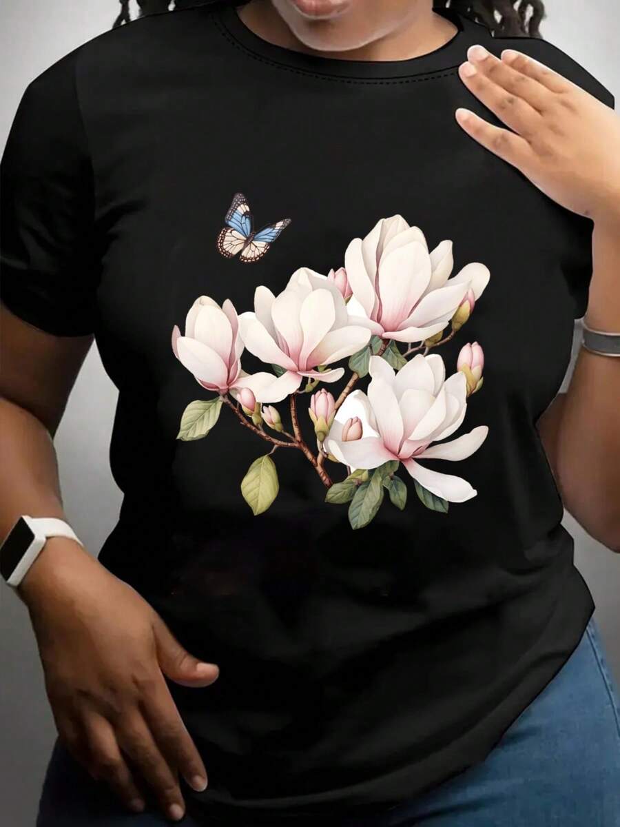 Women's Cotton T-Shirt, Sizes 0XL-5XL, With A Bright Floral Print Of Butterflies And Magnolias, Breathable And Opaque Fabric, Loose Round Neck, Casual Summer And Spring Style, Comfortable Everyday T-Shirt For Women - Unisex Loose Cotton Short Sleeve Round Neck T-Shirt, Urban Vintage Style. - 黑色 - 查看 1
