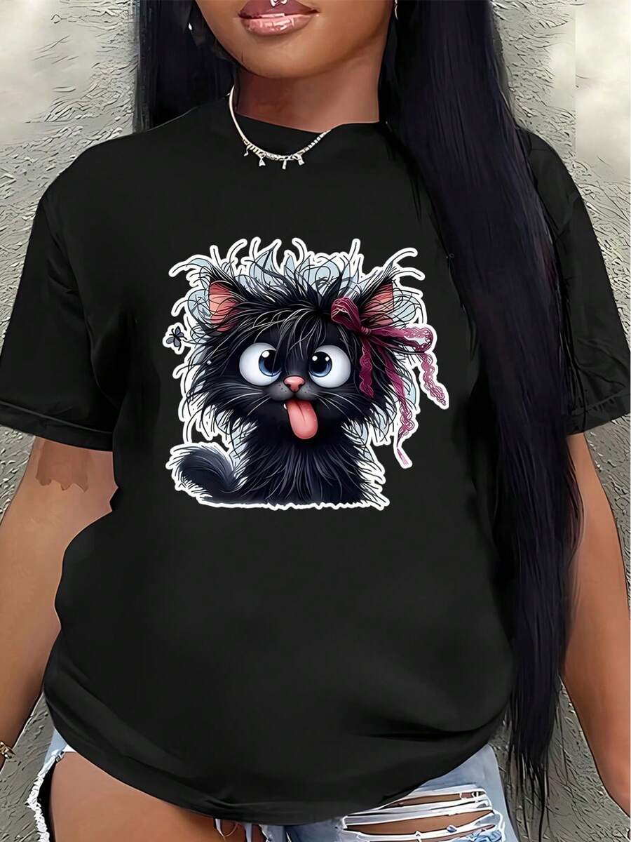 Camiseta de manga corta, decorada con lindos diseños de gatos, ligera y duradera, adecuada para el hogar, cafeterías o actividades de ocio al aire libre, cómoda y ajustada para el uso diario.blusa casual mujer - Negro - Ver 1