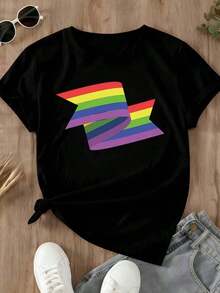 Rainbow Flag Print T-Shirt, Casual Wear For Everyday Use And Sports Activities - Vintage Urban Style, Unisex, Cotton, Short Sleeve, Round Neck, 100% Cotton - 黑色 - 查看 3