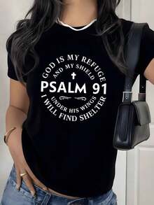 Camiseta con Estampado Gráfico de Versículo Bíblico Salmo 91, 180g, 1 Pieza, Camiseta Casual Inspiradora para Mujer, 100% Algodón, Estilo Espiritual Minimalista - Negro - Ver 9