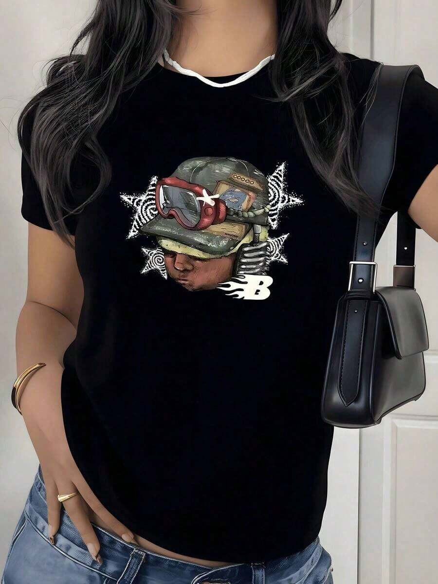 Camiseta con Estampado Gráfico de Soldado Militar, 180g, 1 Pieza, Diseño de Casco Táctico para Exteriores, Camiseta Casual de Mujer 100% Algodón, Moda Urbana - Negro - Ver 1