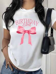 Camiseta con Estampado Gráfico de Lazo de Cumpleaños, 180g, 1 Pieza, para Mujer, Estilo Casual, 100% Algodón, Estilo Minimalista y Lindo - Blanco - Ver 9